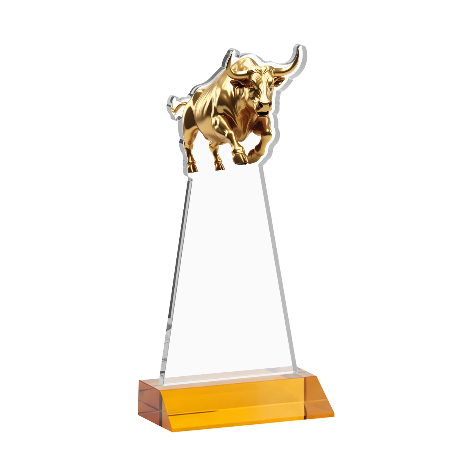 Custom engraved Starfire Crystal Award With a Gold Bull Cutout on a Mitered-Front Base, awards for team milestone celebrations