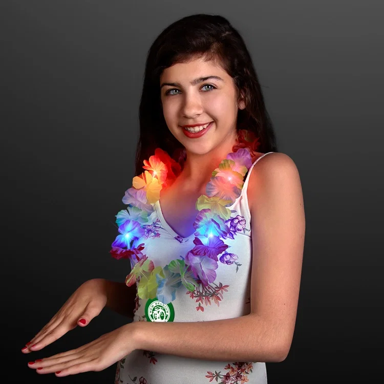 Rainbow Flashing LED Lei with Round Medallion being worn