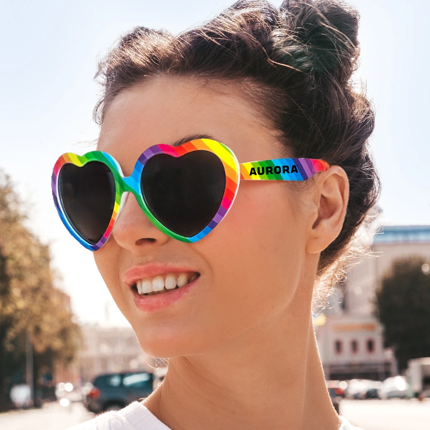 Rainbow Heart Sunglasses being worn