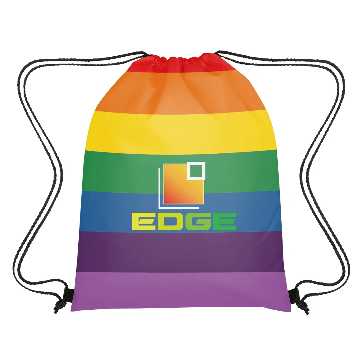 Rainbow striped drawstring sports pack shown from the front