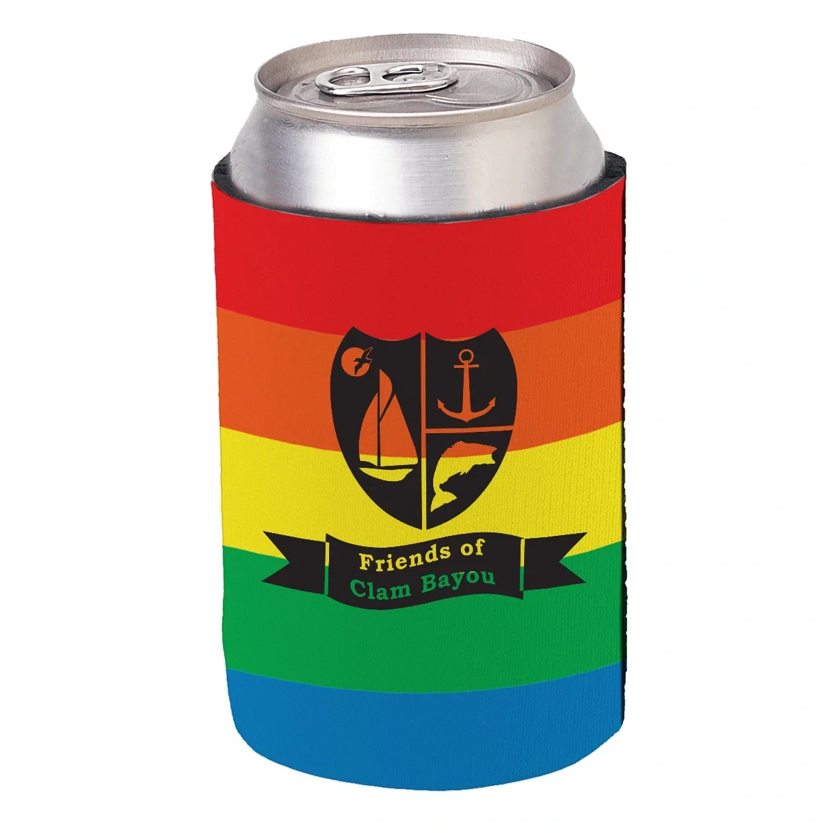 Rainbow striped foam can cooler standing four inches tall