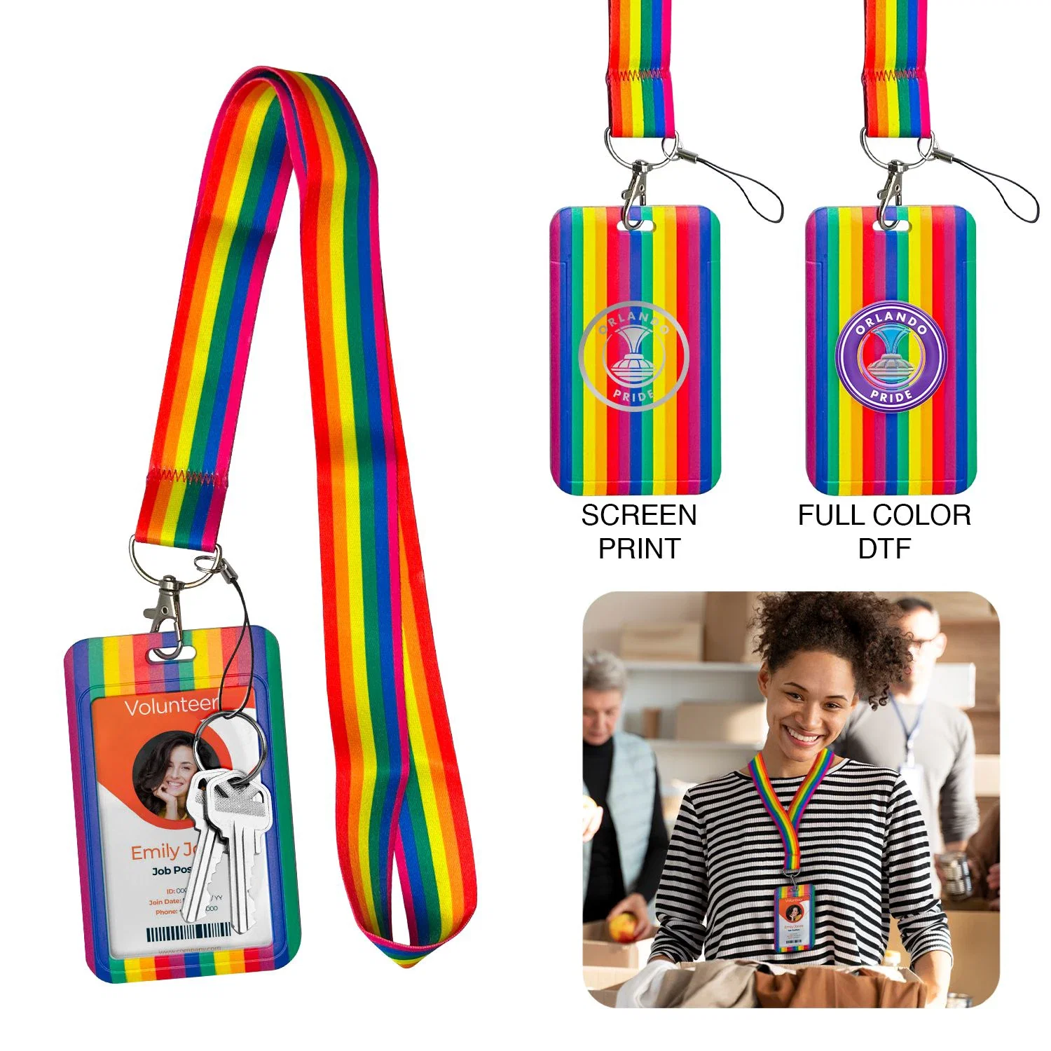 Rainbow Lanyard & Badge Holder being worn