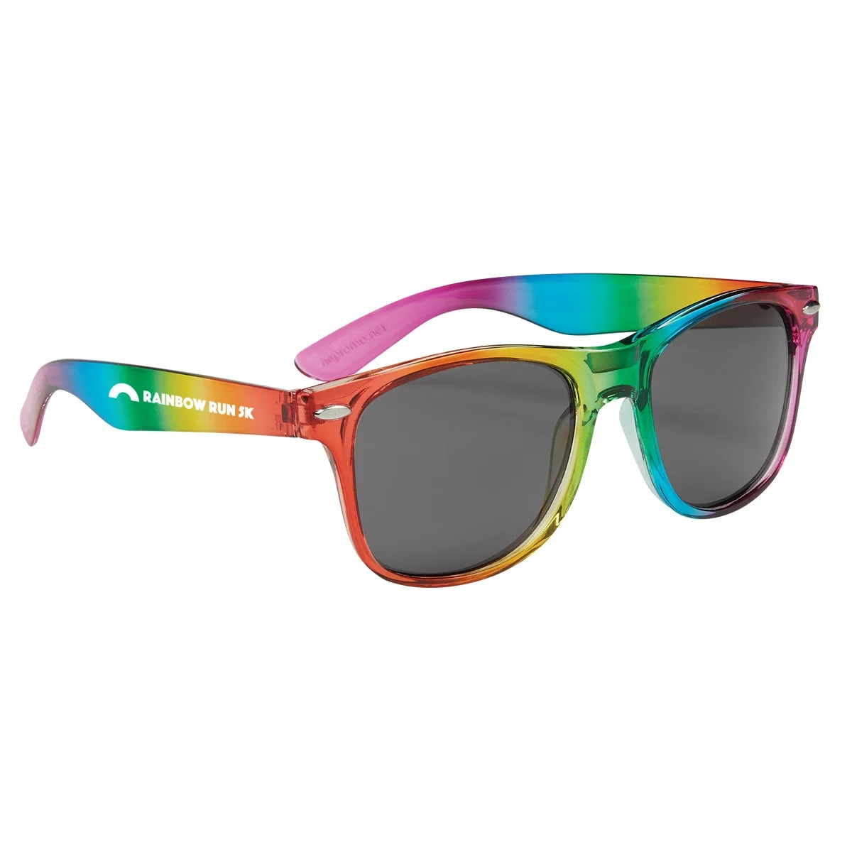 Rainbow striped sunglasses with the arms extended
