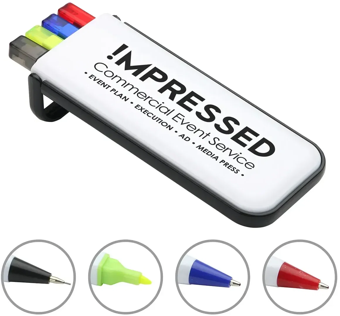 Custom branded Rainbow pen, pencil, and highlighter set, front view of the promotional writing set with logo