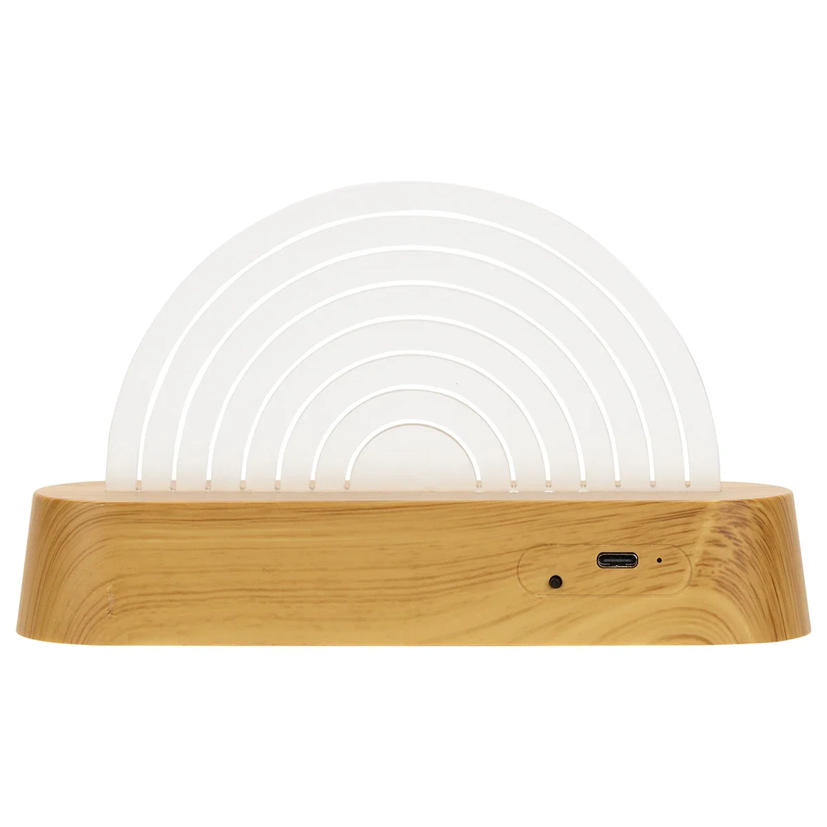 Back panel of the Rainbow Sound-Reactive LED Ambient Light's wood-grain base, showing the USB-C port and sound sensor