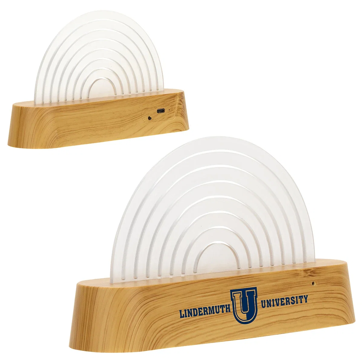 Rainbow Sound-Reactive LED Ambient Light shown from two angles, highlighting the customizable logo imprint area on the wood base