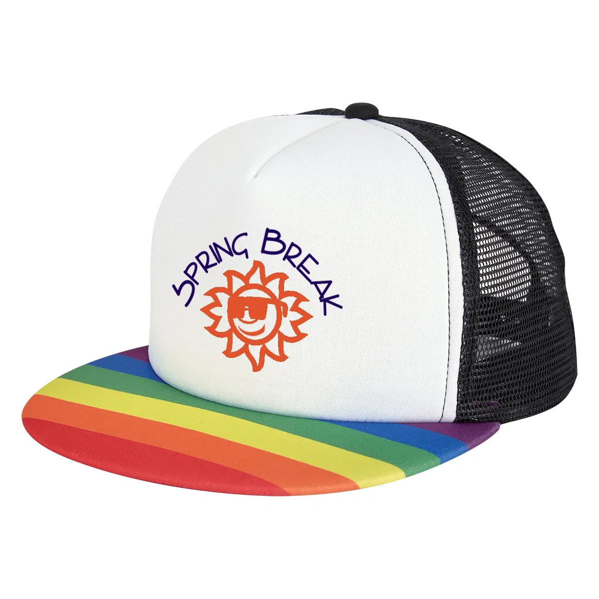 Trucker cap with a rainbow brim and mesh back panels