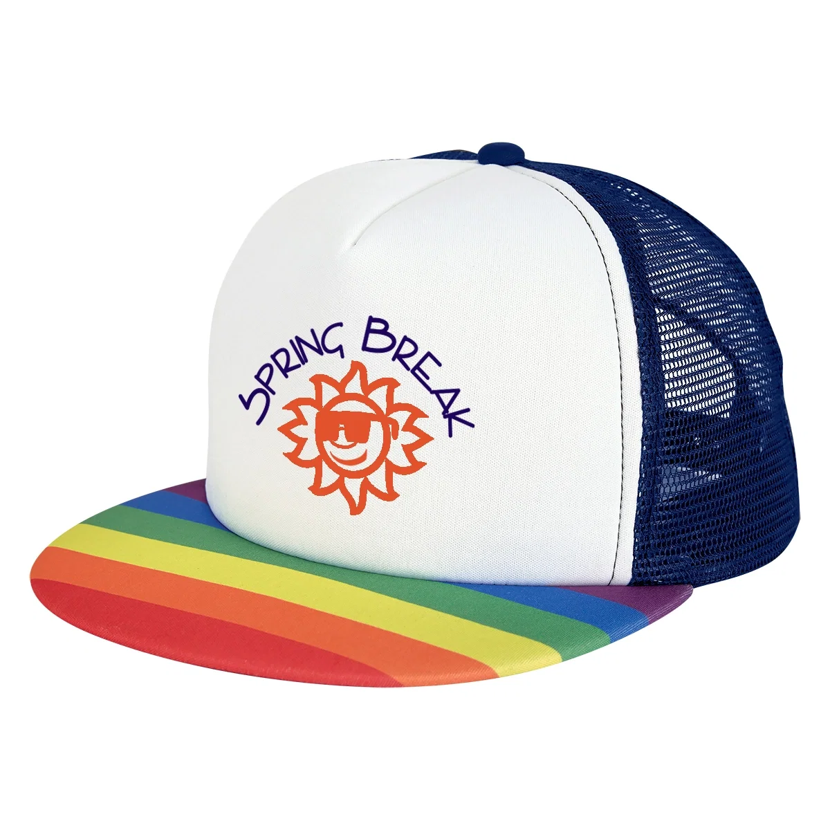 Rainbow stripes running across the curved bill