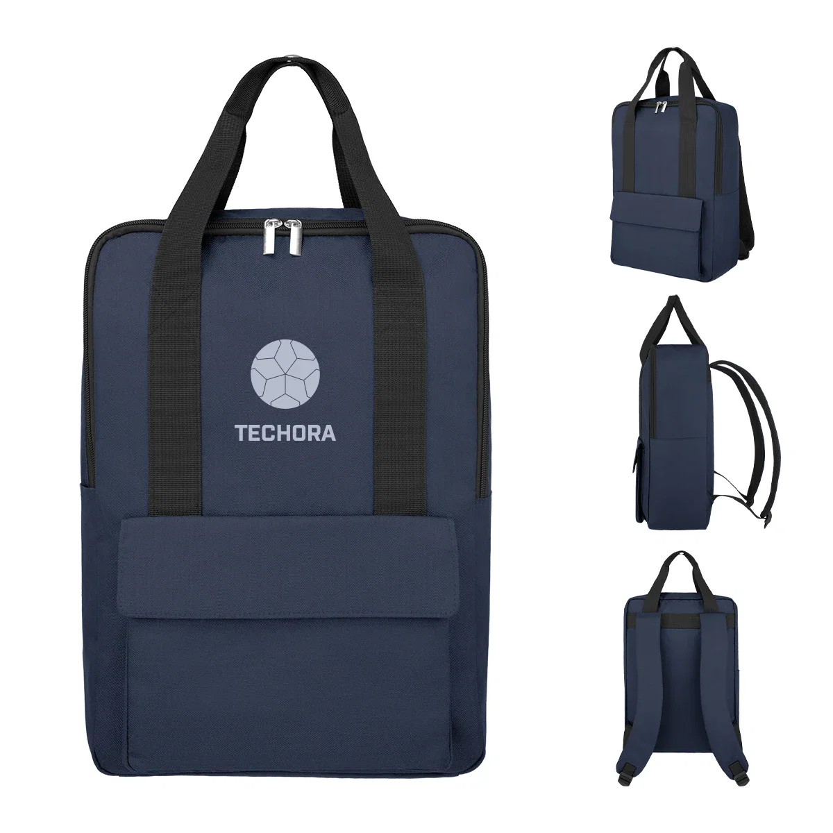 Navy version shown upright with zippers closed