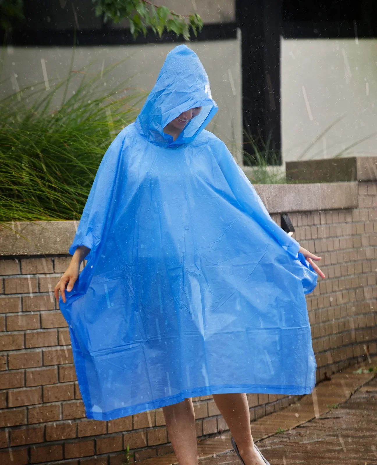 Rainshield PEVA Poncho being worn