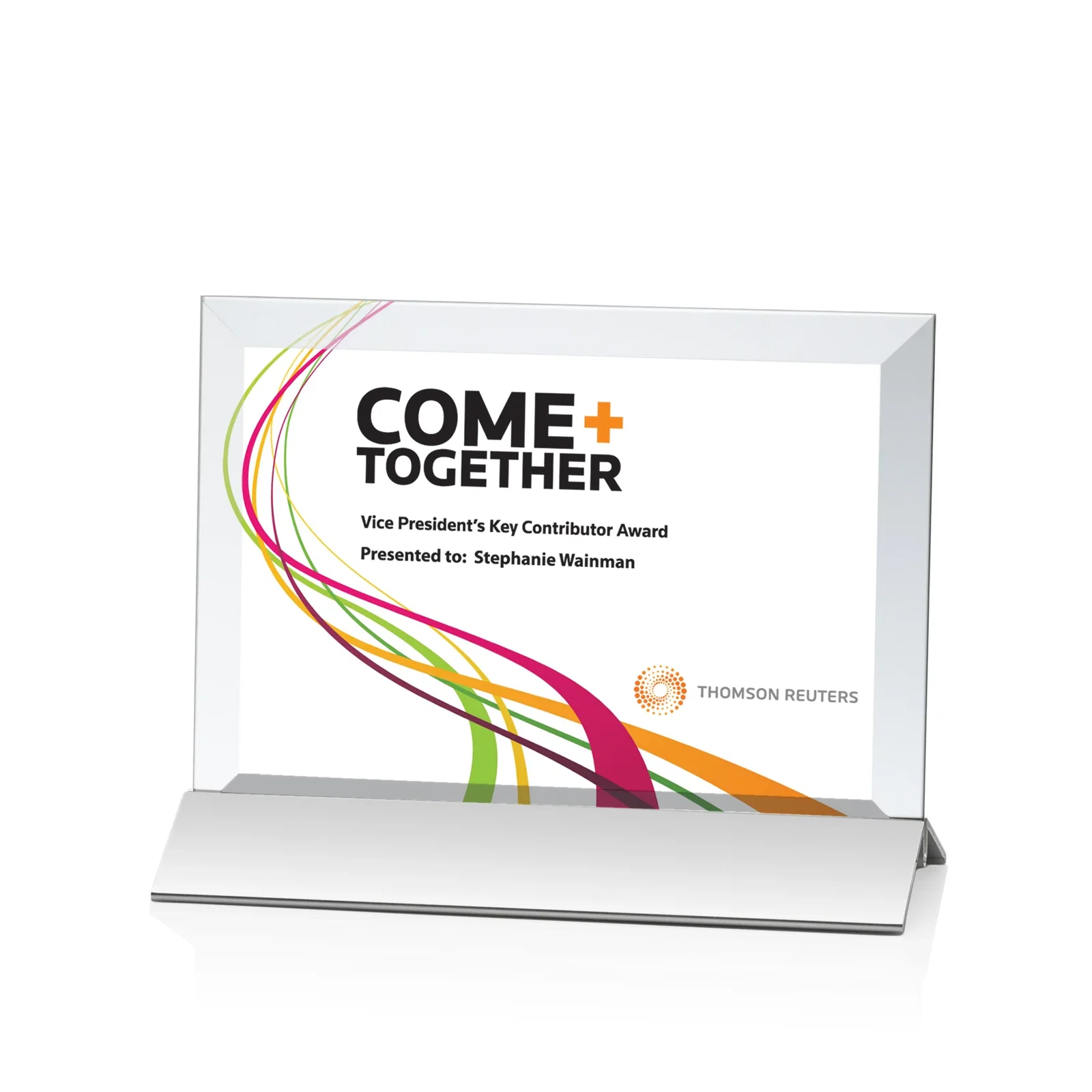 Custom Starfire Crystal Award, Horizontal Rectangle on Matte Silver Base, awards for corporate award ceremonies