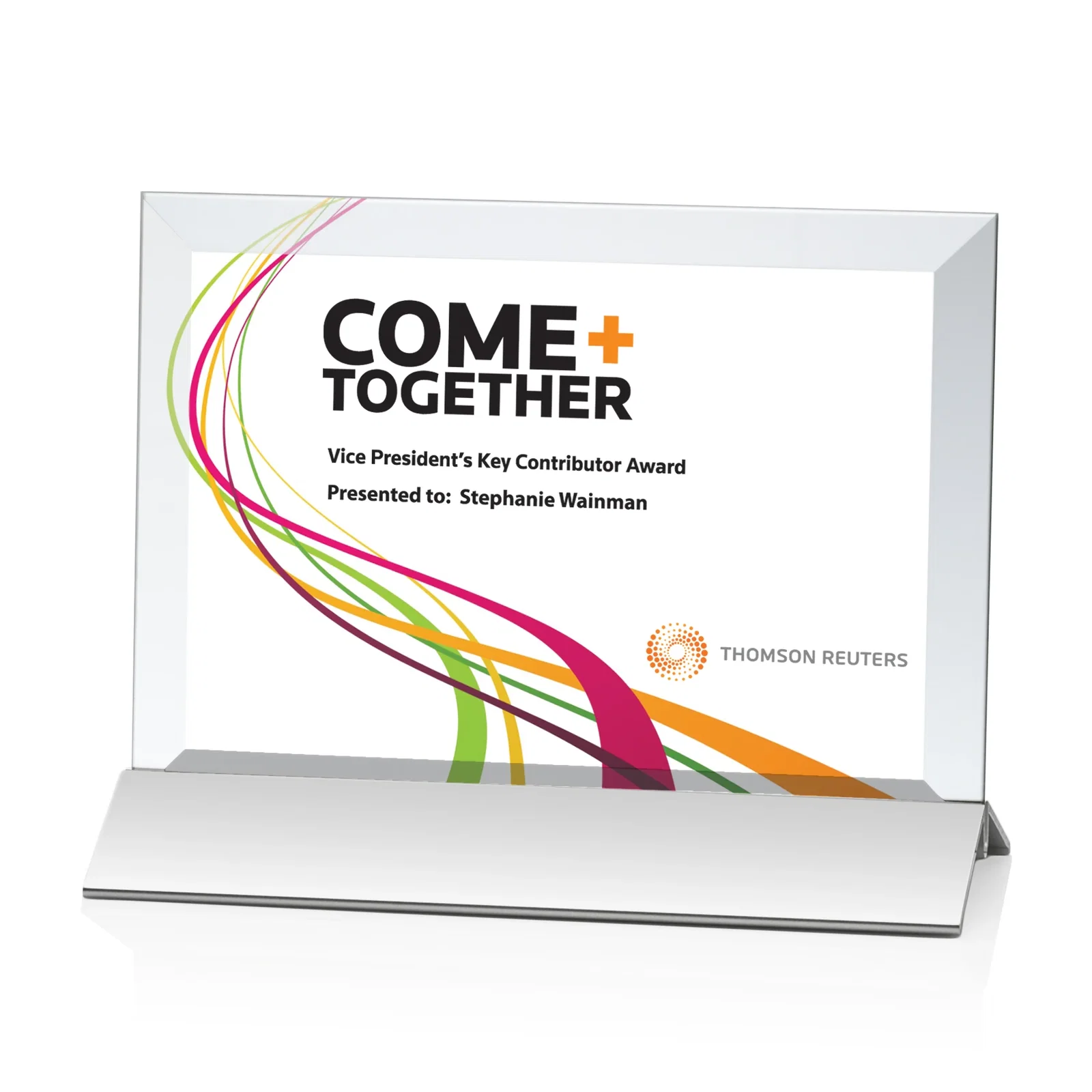 Custom Starfire Crystal Award, Horizontal Rectangle on Matte Silver Base, awards for retirement presentations