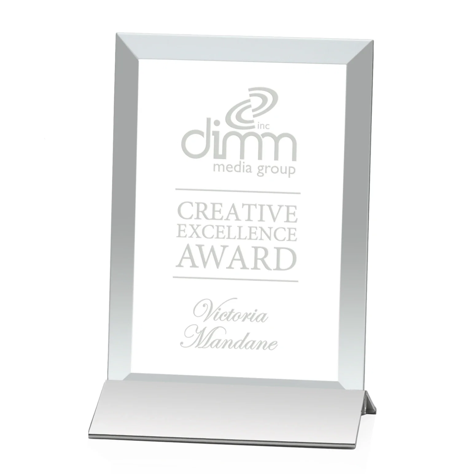 Custom Jade Glass Vertical Award In Silver Aluminum Base for retirement presentations
