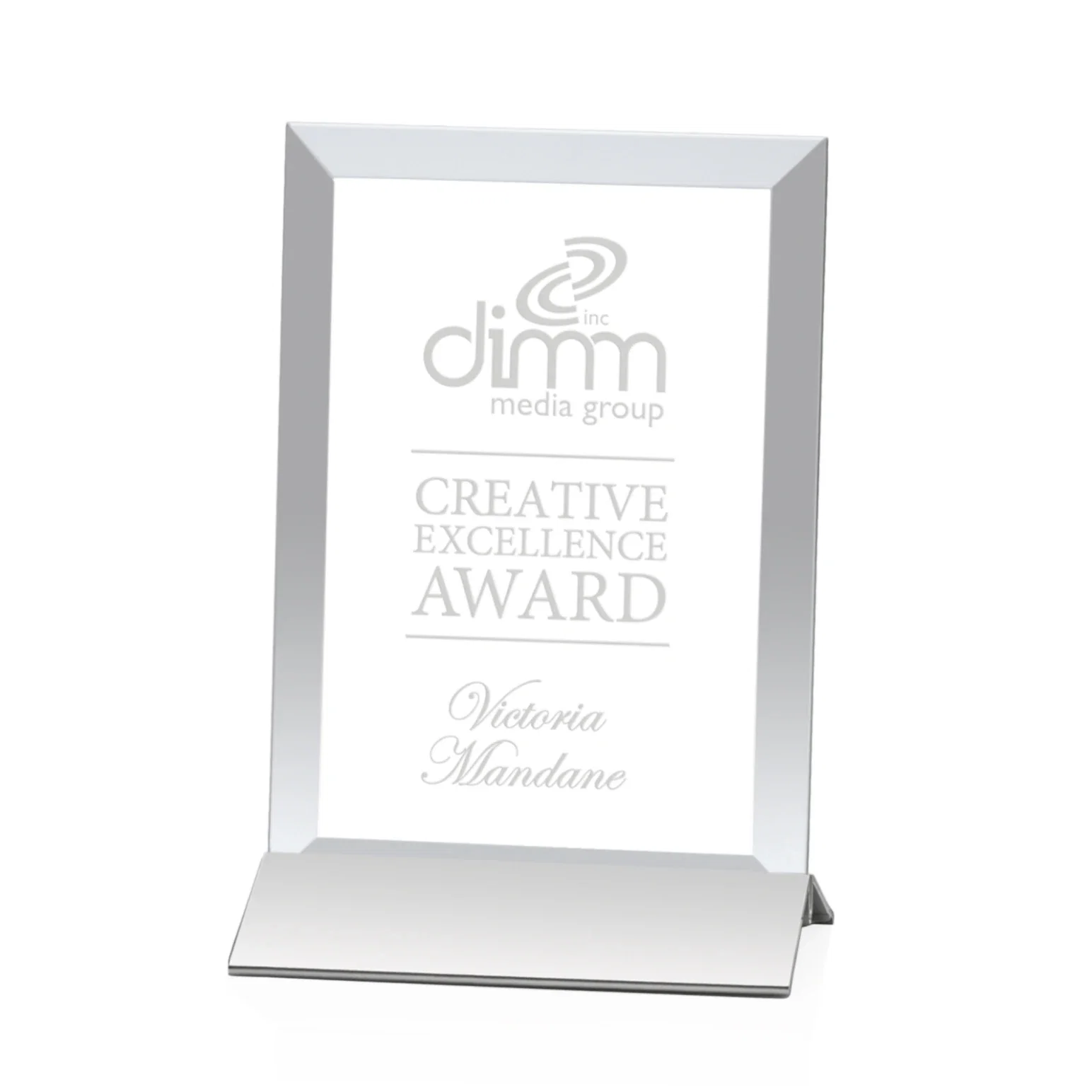 Custom Starfire Crystal Award, Vertical Rectangle on Matte Silver Base, awards for company anniversary events