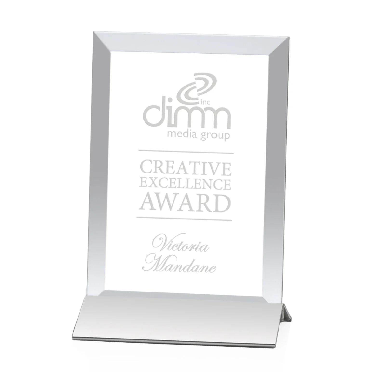 Personalized Starfire Crystal Award, Vertical Rectangle on Matte Silver Base, awards for corporate award ceremonies