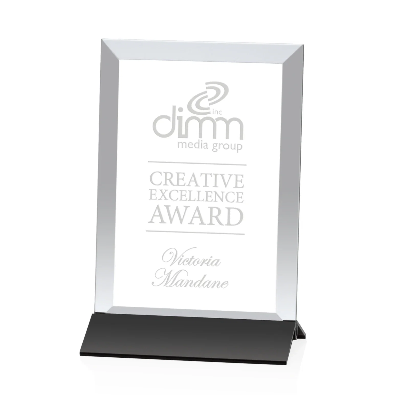Personalized Starfire Crystal Award, Vertical Rectangle on Matte Silver Base, awards for team milestone celebrations