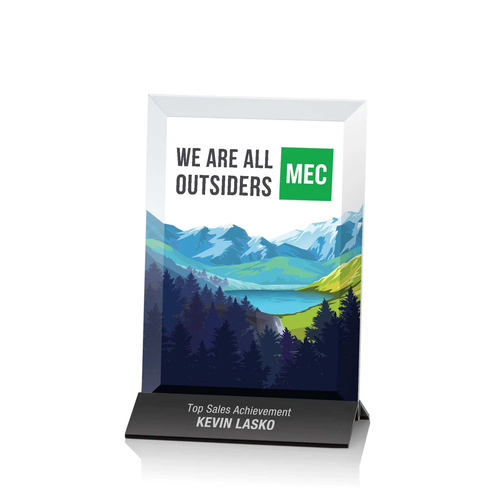 Custom Starfire Crystal Award, Vertical Rectangle on Matte Silver Base, awards for donor appreciation