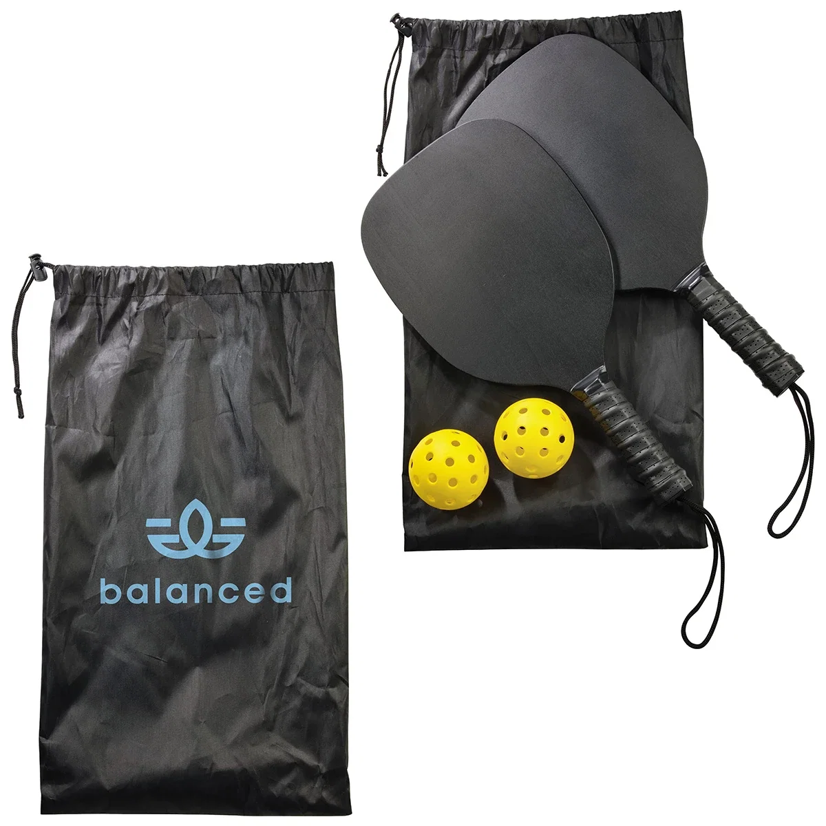 Custom Rally Pickleball Set, front view of the branded paddles and balls