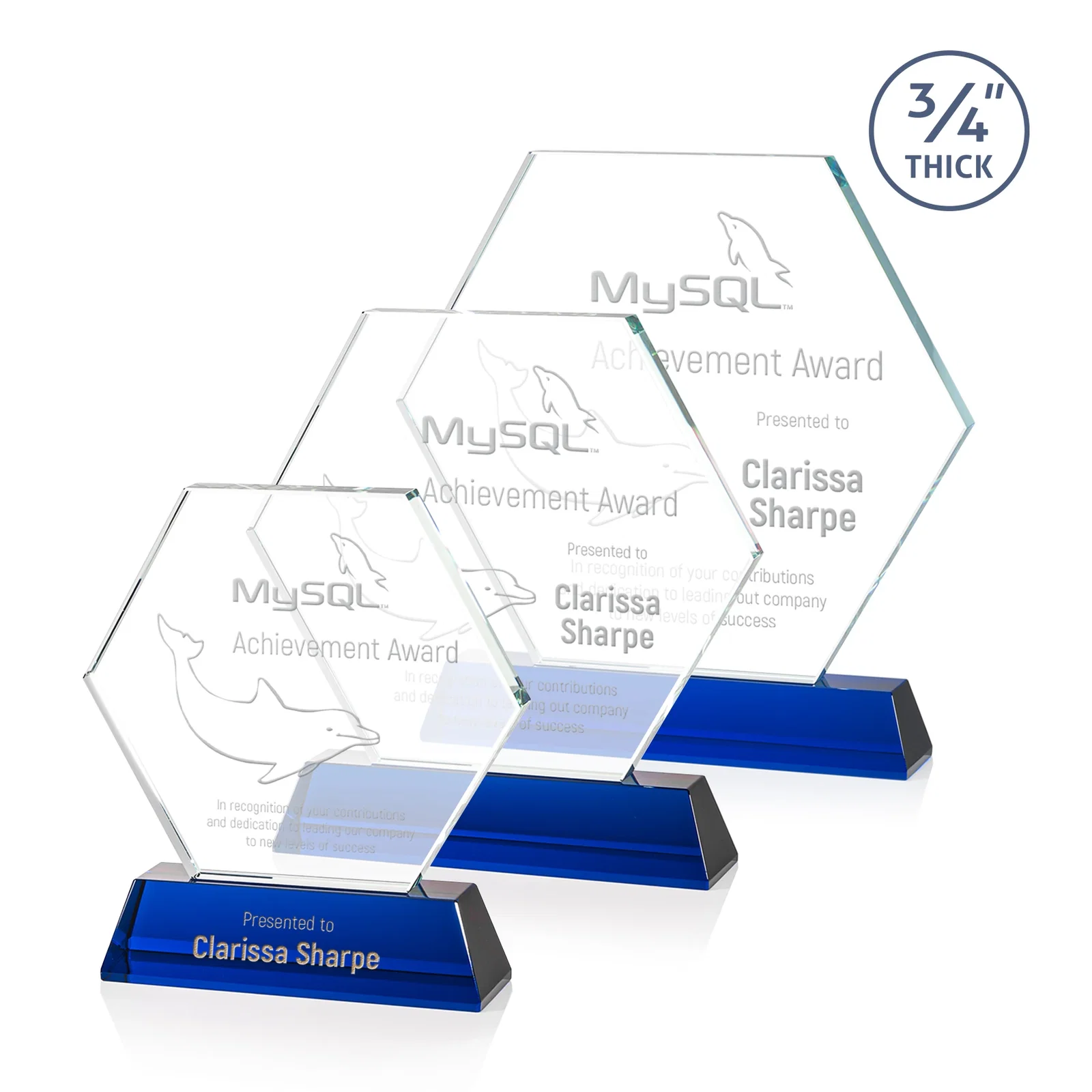 Personalized Optical Crystal Hexagon Award on Tall Tapered Base, awards for donor appreciation
