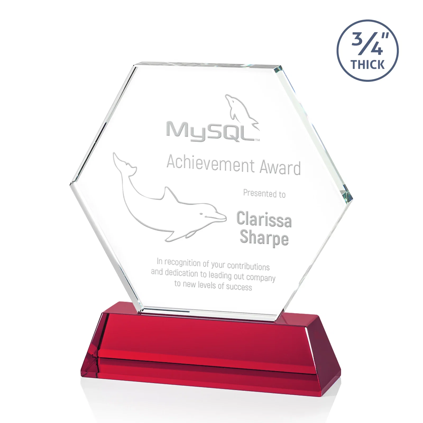 Personalized Optical Crystal Hexagon Award on Tall Tapered Base, awards for company anniversary events