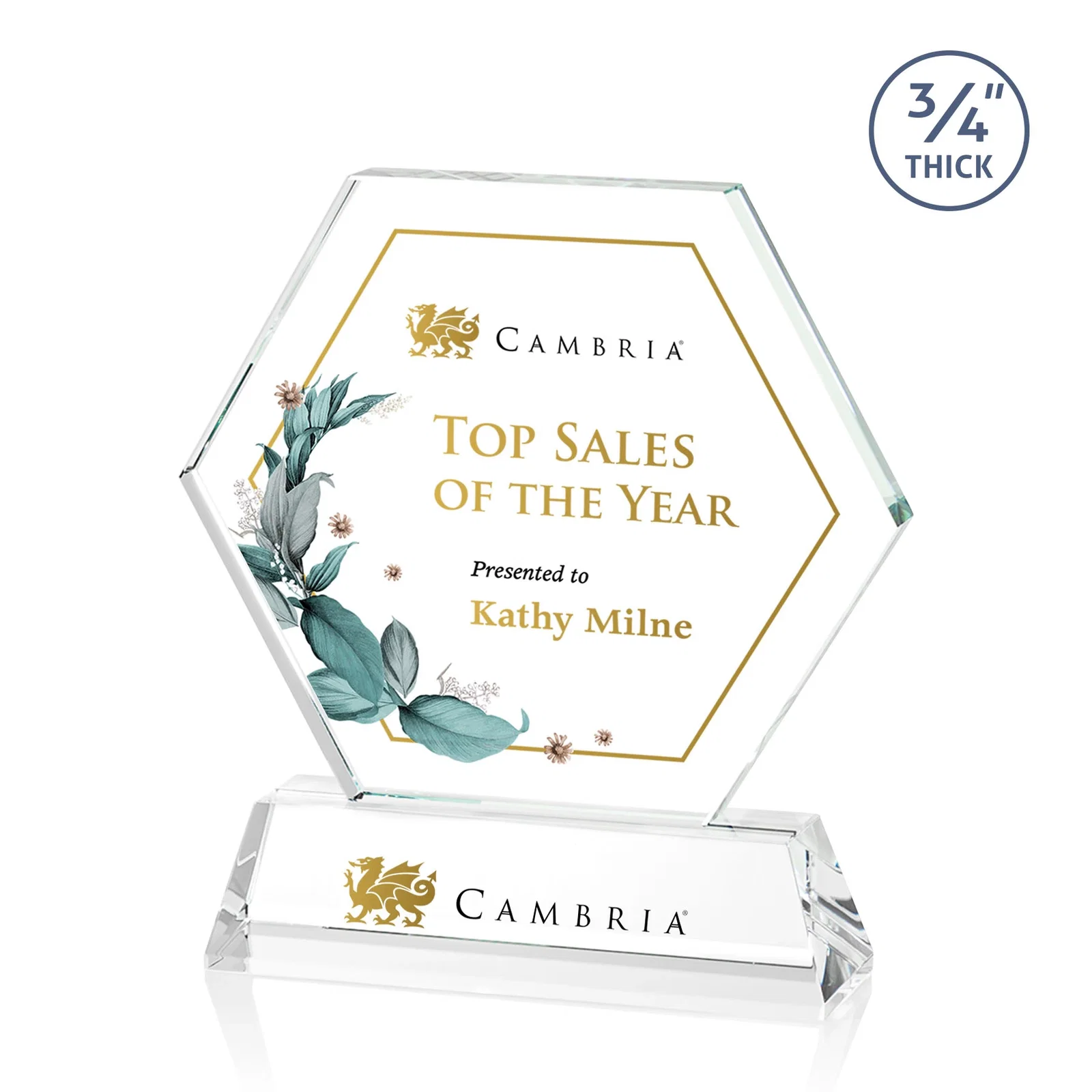 Promotional Optical Crystal Hexagon Award on Tall Tapered Base, awards for company anniversary events