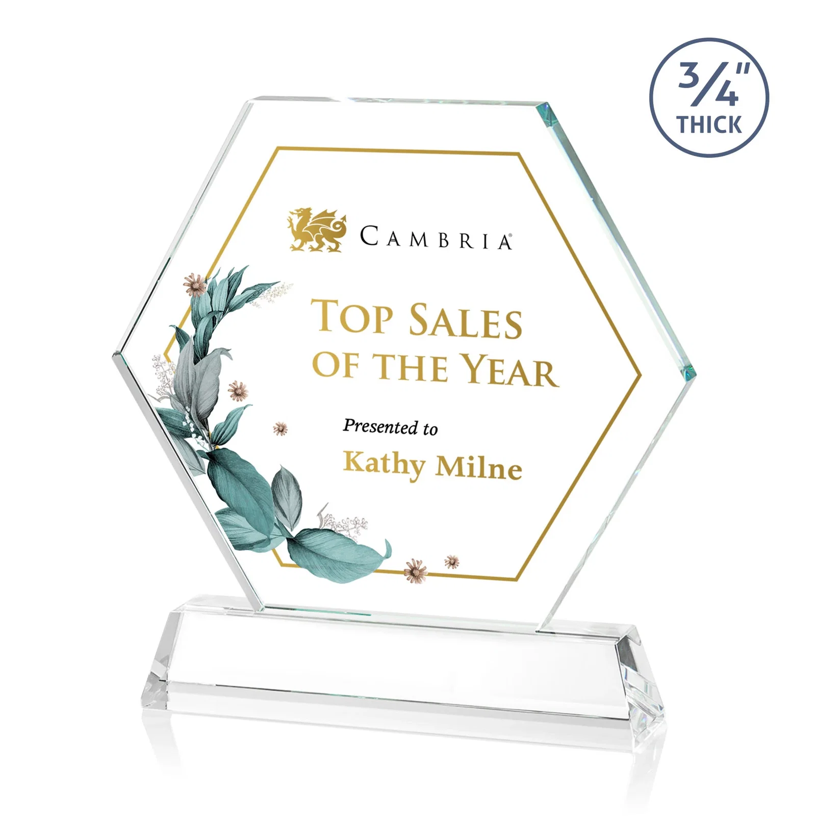 Branded Optical Crystal Hexagon Award on Tall Tapered Base, awards for employee recognition