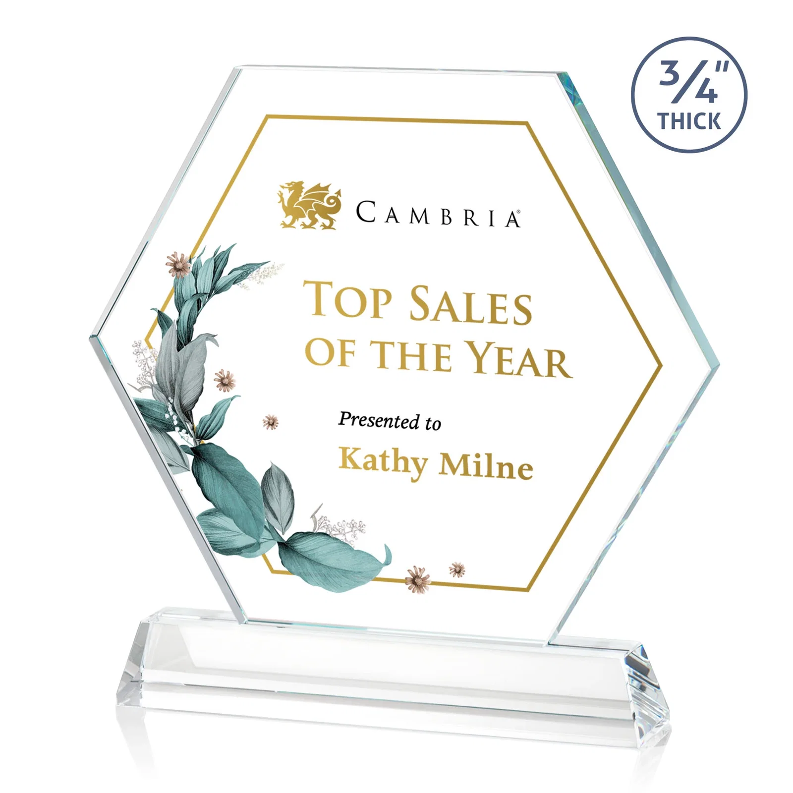 Branded Optical Crystal Hexagon Award on Tall Tapered Base, awards for corporate award ceremonies