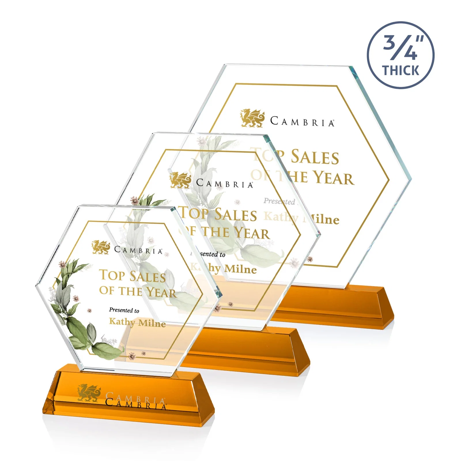 Branded Optical Crystal Hexagon Award on Tall Tapered Base, awards for service anniversary gifts
