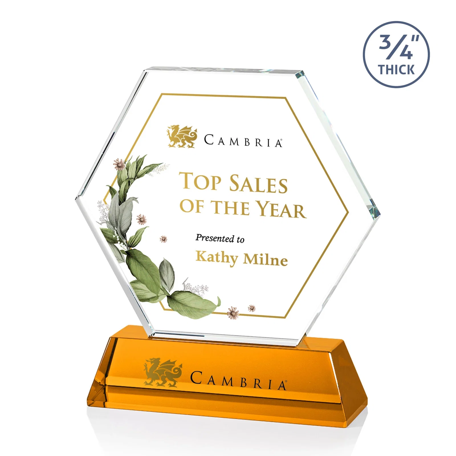 Branded Optical Crystal Hexagon Award on Tall Tapered Base, awards for sales achievement awards