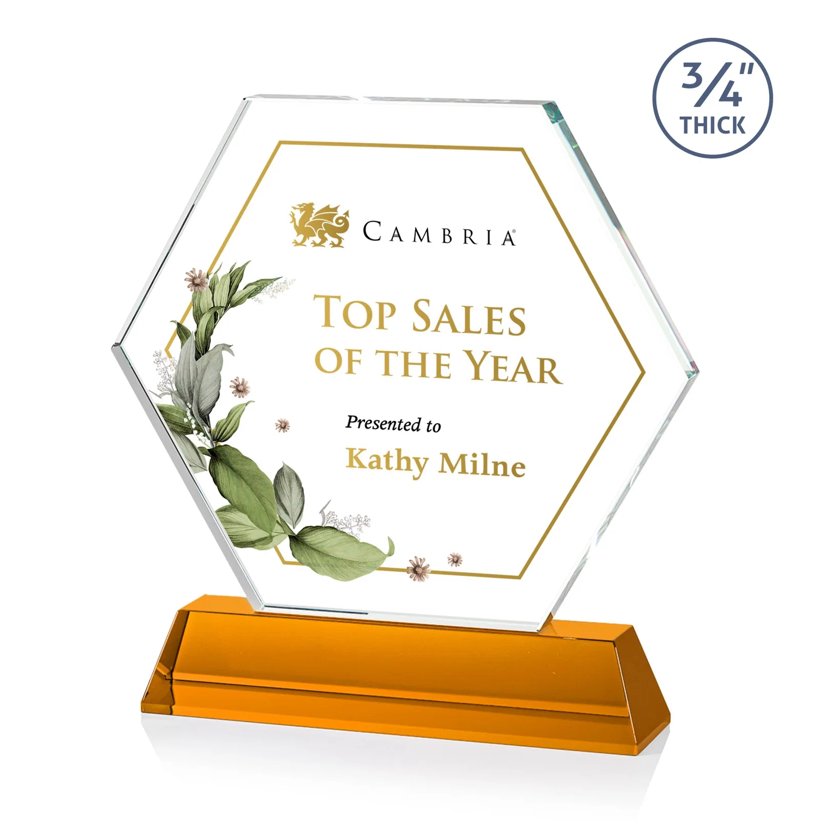 Branded Optical Crystal Hexagon Award on Tall Tapered Base, awards for retirement presentations