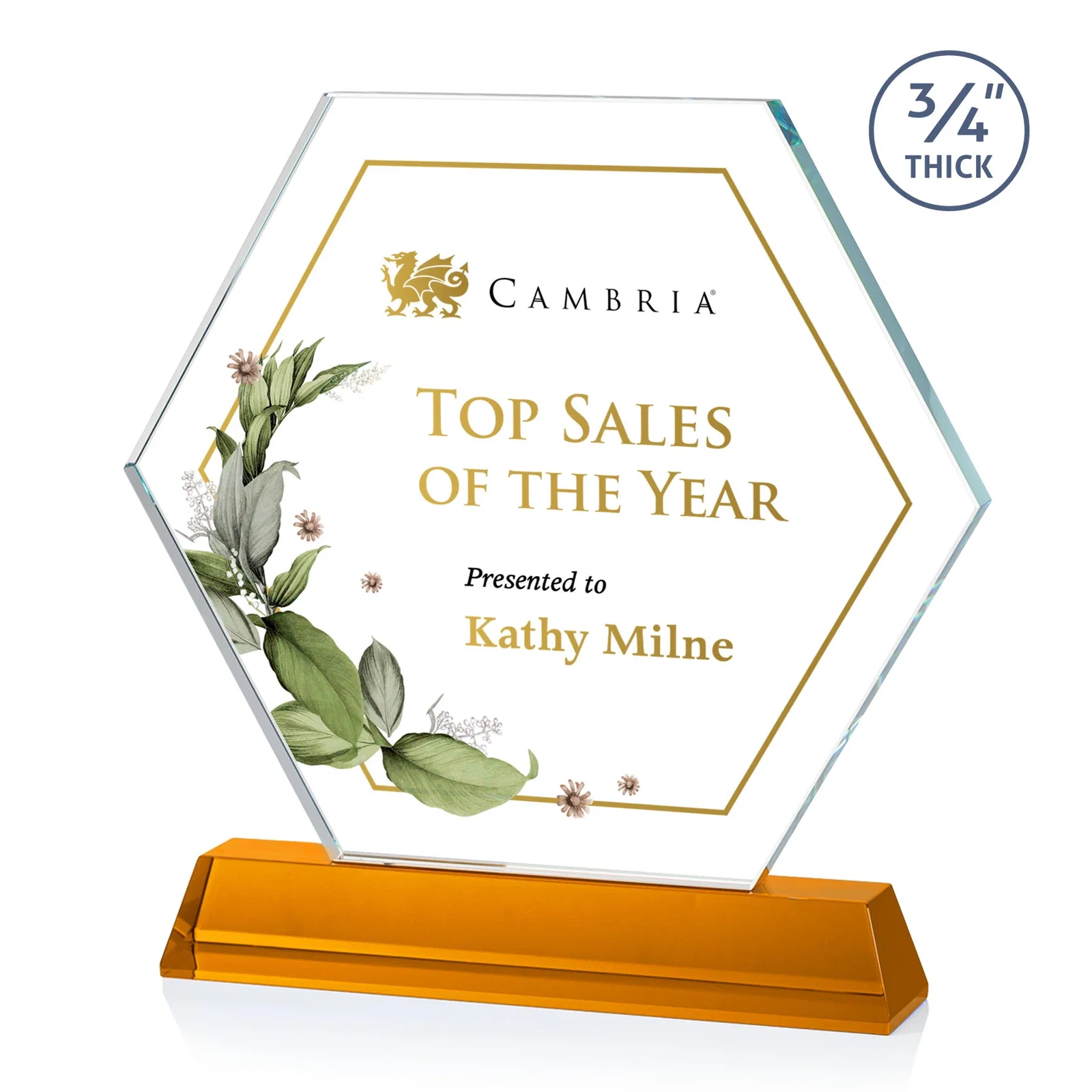 Branded Optical Crystal Hexagon Award on Tall Tapered Base, awards for team milestone celebrations