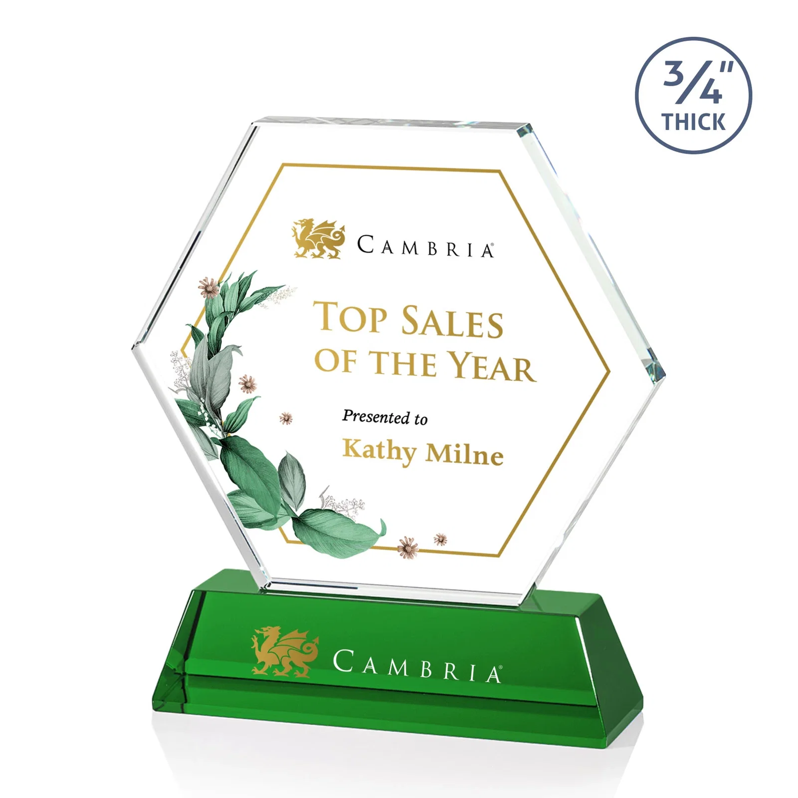 Branded Optical Crystal Hexagon Award on Tall Tapered Base, awards for graduation ceremonies