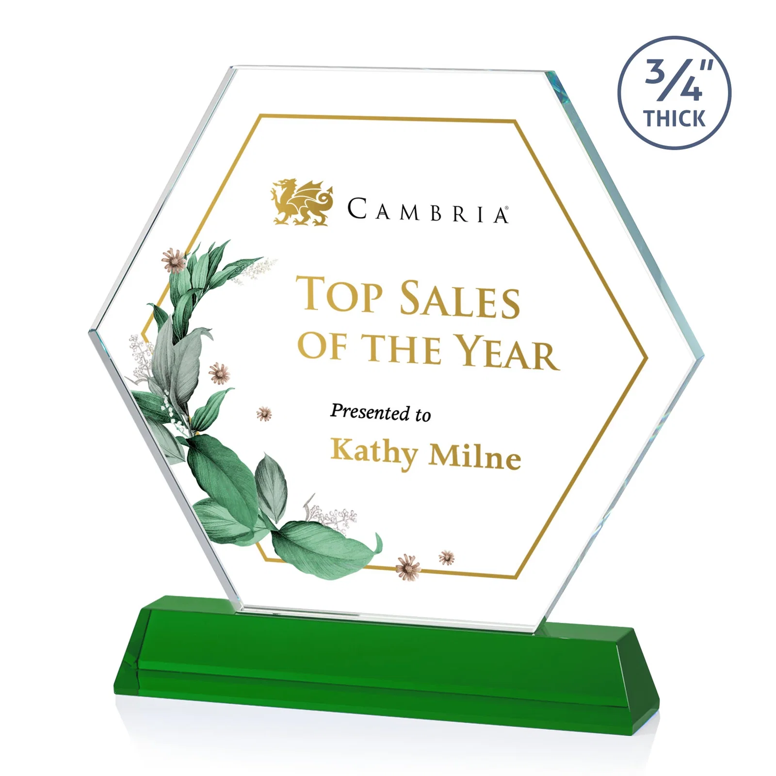 Branded Optical Crystal Hexagon Award on Tall Tapered Base, awards for volunteer appreciation