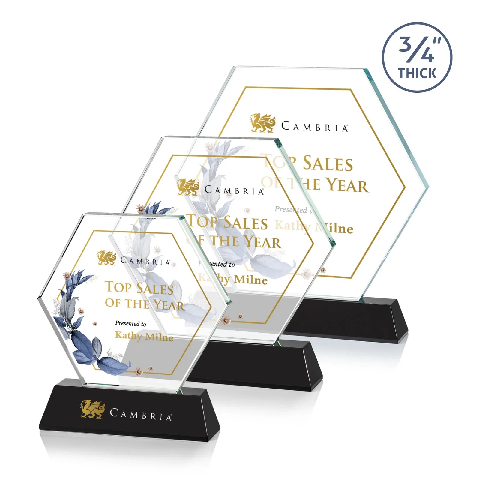 Branded Optical Crystal Hexagon Award on Tall Tapered Base, awards for dealer and partner awards