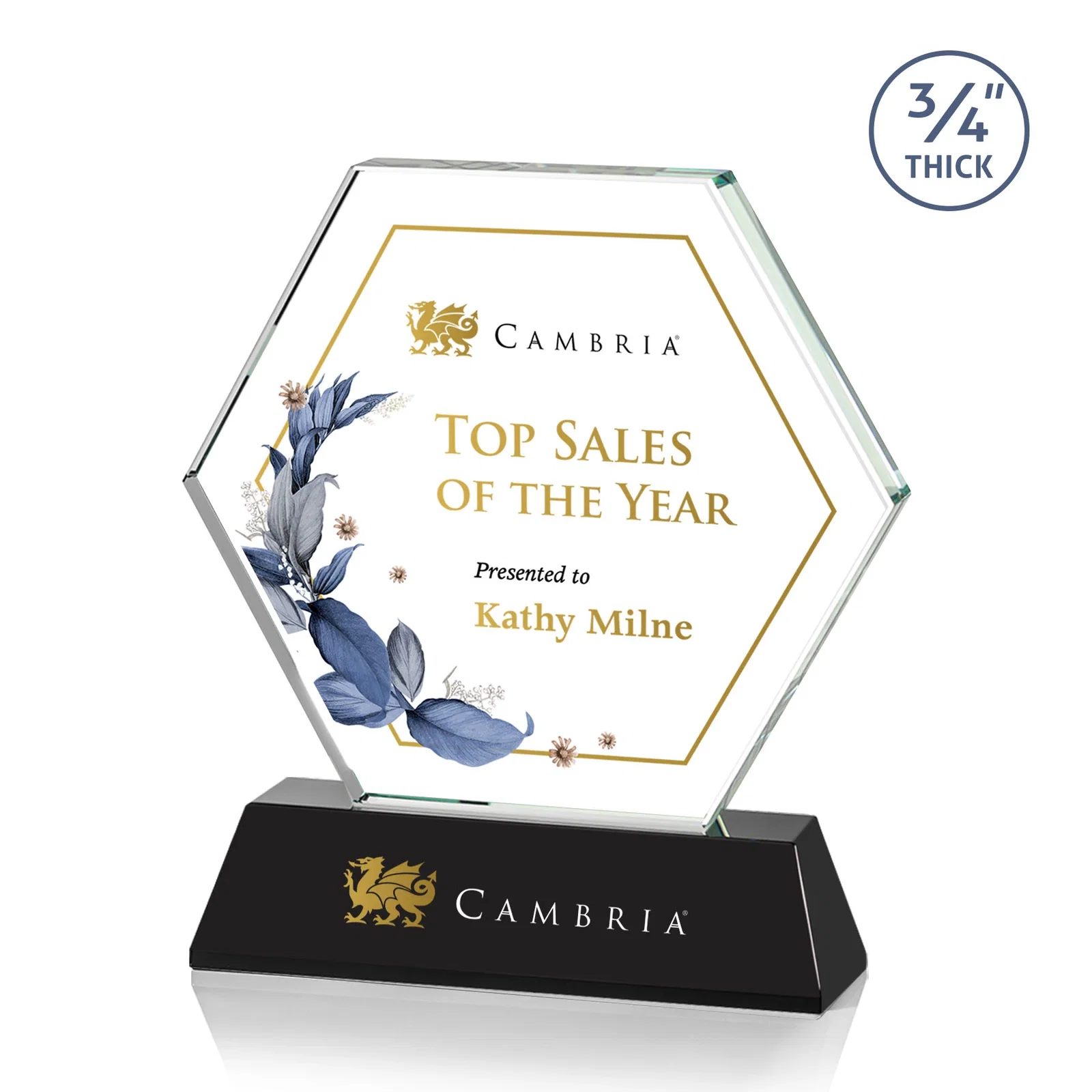 Branded Optical Crystal Hexagon Award on Tall Tapered Base, awards for company anniversary events