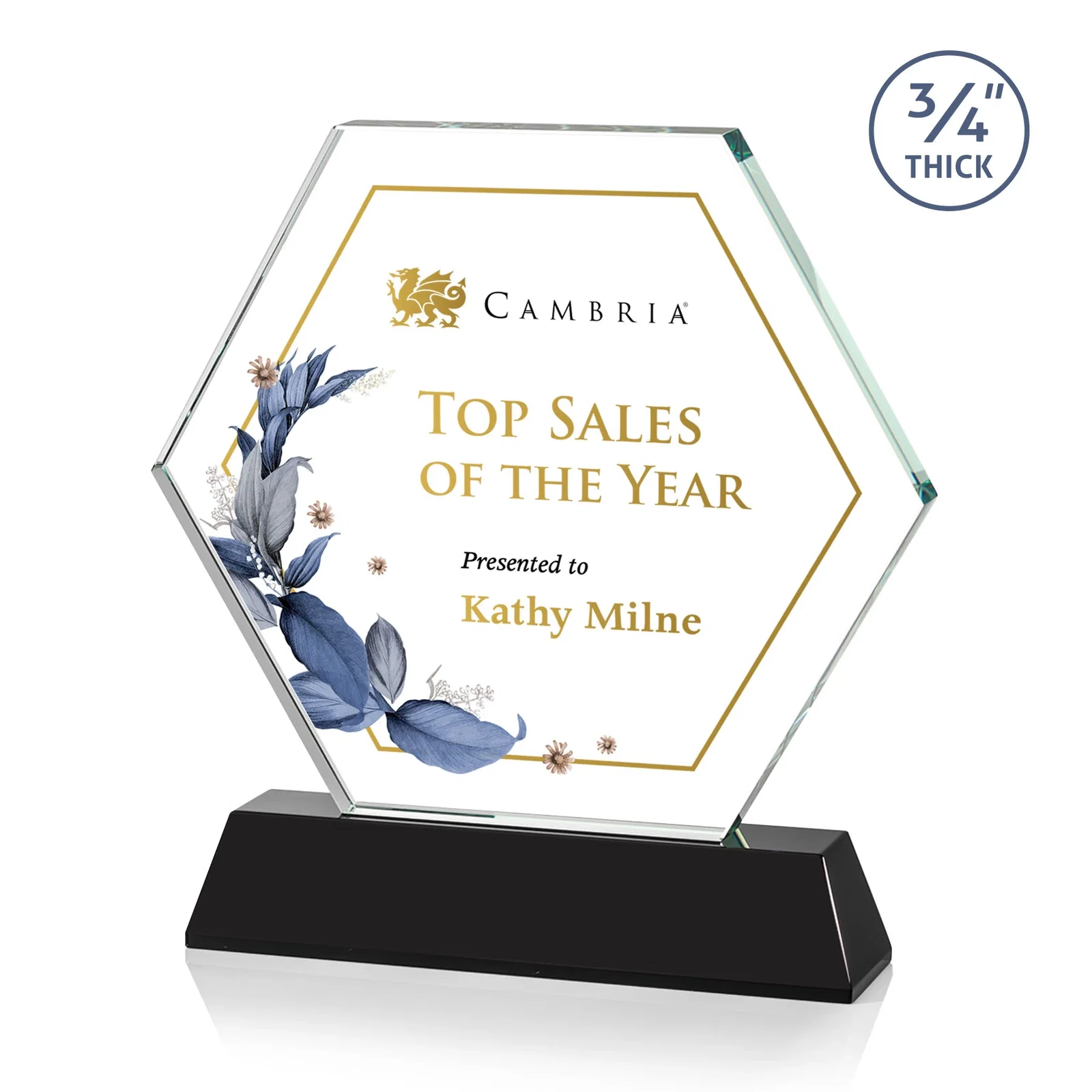 Custom printed Optical Crystal Hexagon Award on Tall Tapered Base, awards for employee recognition