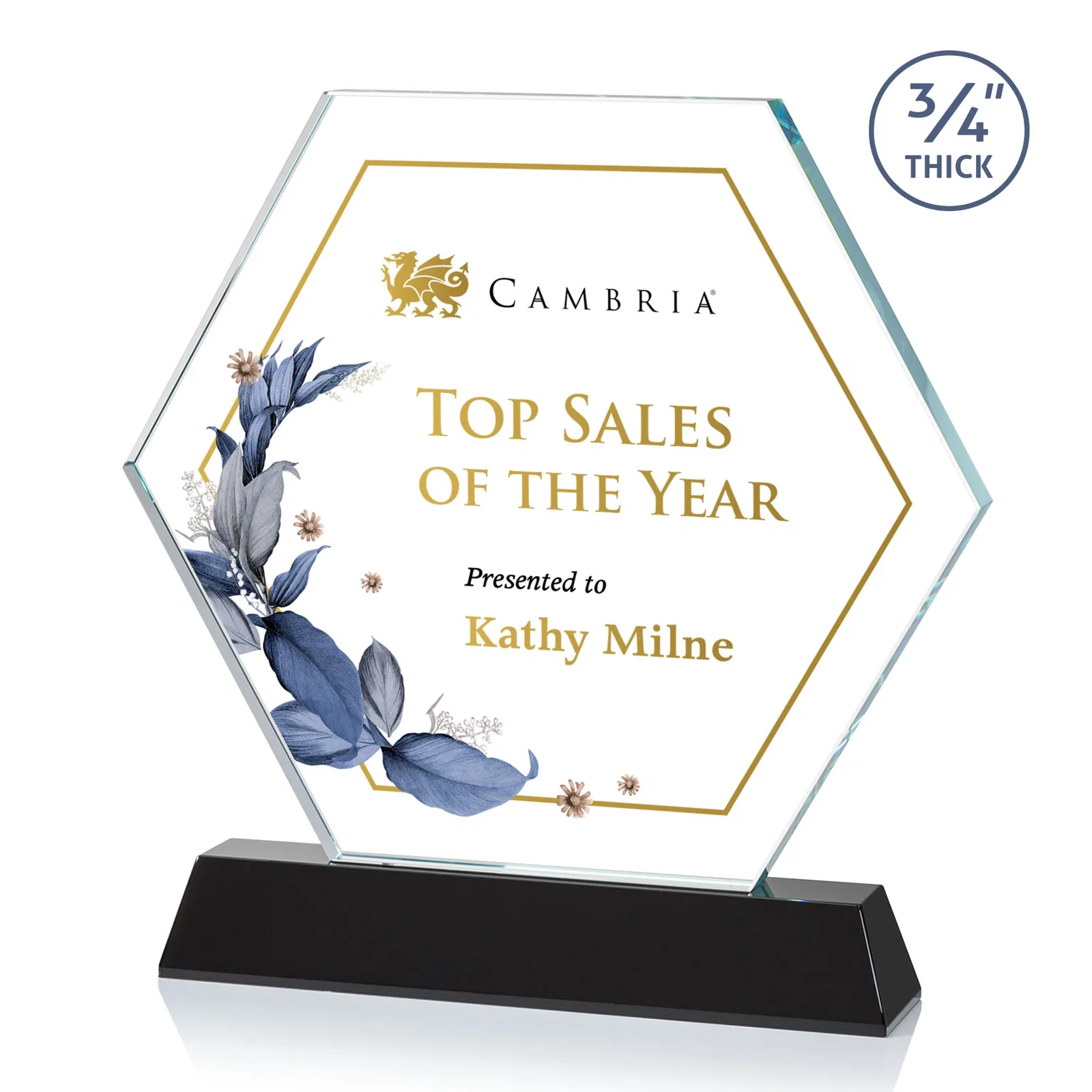 Custom printed Optical Crystal Hexagon Award on Tall Tapered Base, awards for corporate award ceremonies