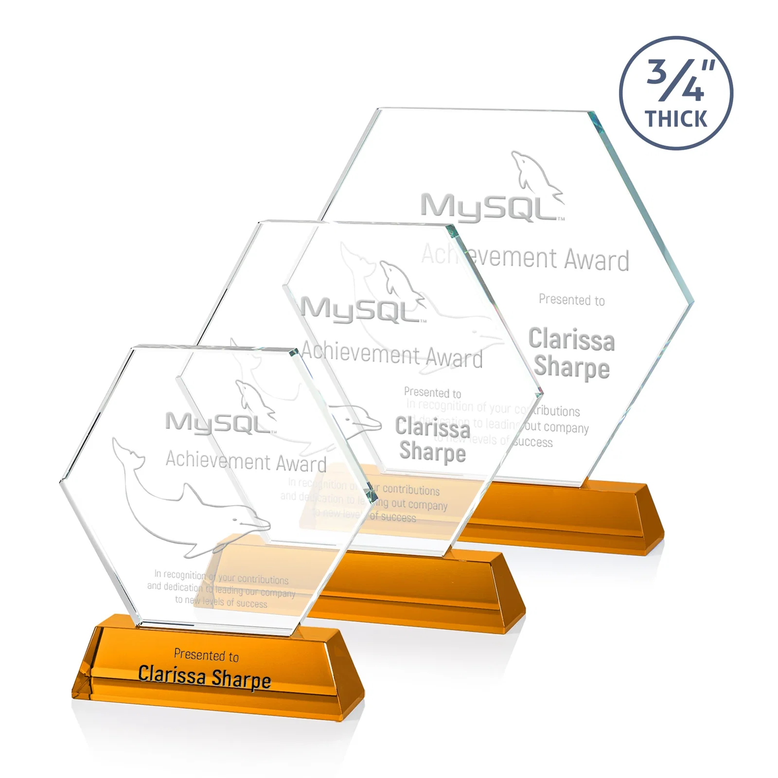 Custom Optical Crystal Hexagon Award on Tall Tapered Base, awards for team milestone celebrations