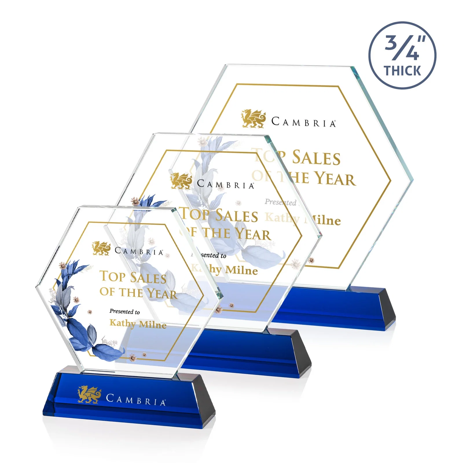 Custom printed Optical Crystal Hexagon Award on Tall Tapered Base, awards for service anniversary gifts