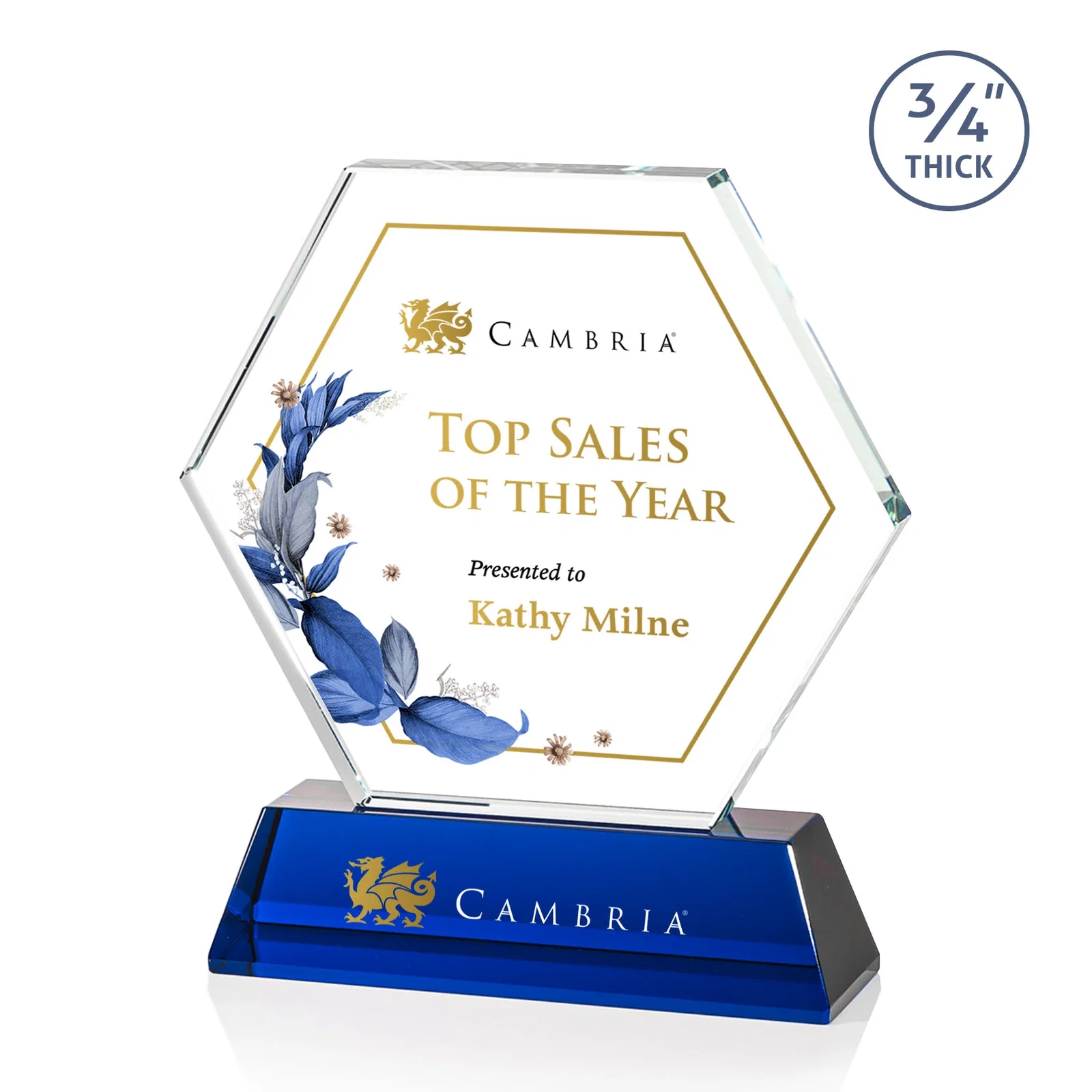 Custom printed Optical Crystal Hexagon Award on Tall Tapered Base, awards for sales achievement awards