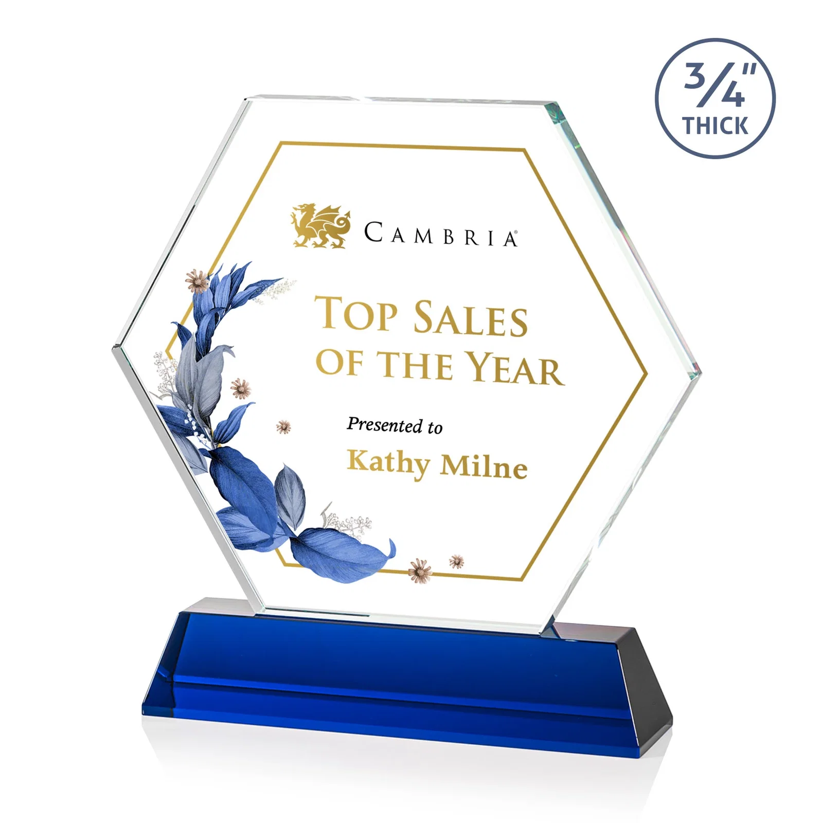 Custom printed Optical Crystal Hexagon Award on Tall Tapered Base, awards for retirement presentations