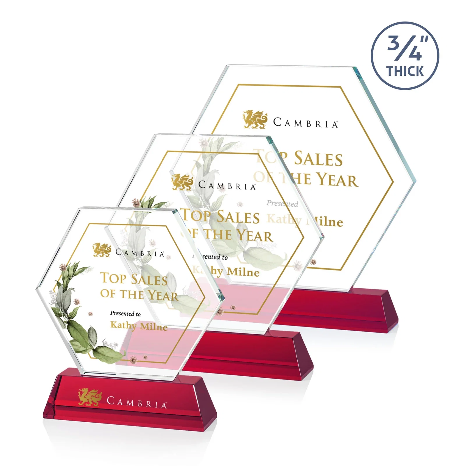 Custom printed Optical Crystal Hexagon Award on Tall Tapered Base, awards for donor appreciation