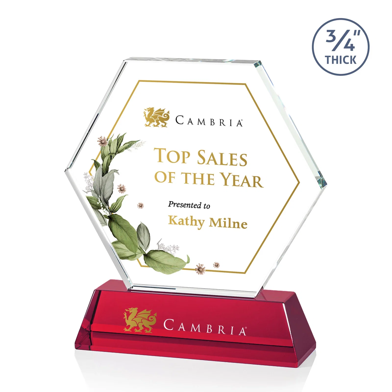 Custom printed Optical Crystal Hexagon Award on Tall Tapered Base, awards for graduation ceremonies