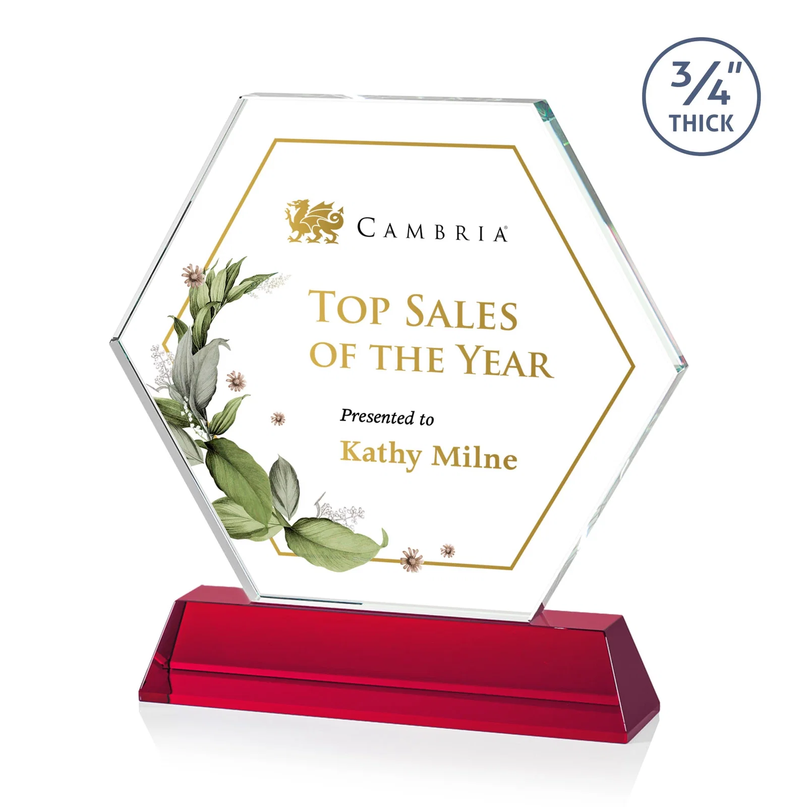 Custom printed Optical Crystal Hexagon Award on Tall Tapered Base, awards for safety achievement programs
