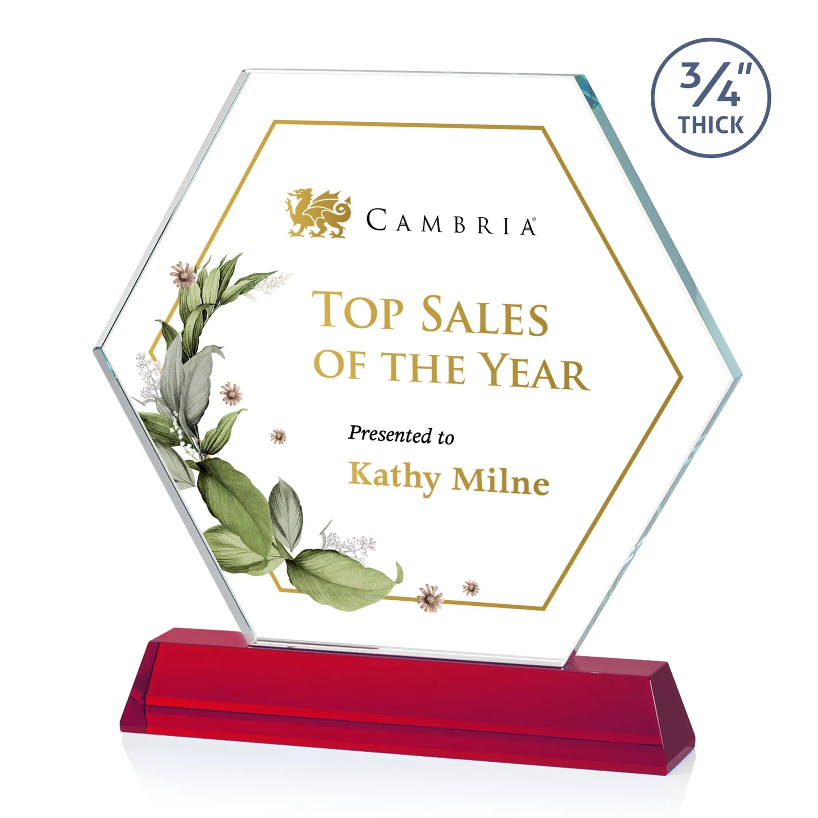 Custom printed Optical Crystal Hexagon Award on Tall Tapered Base, awards for volunteer appreciation