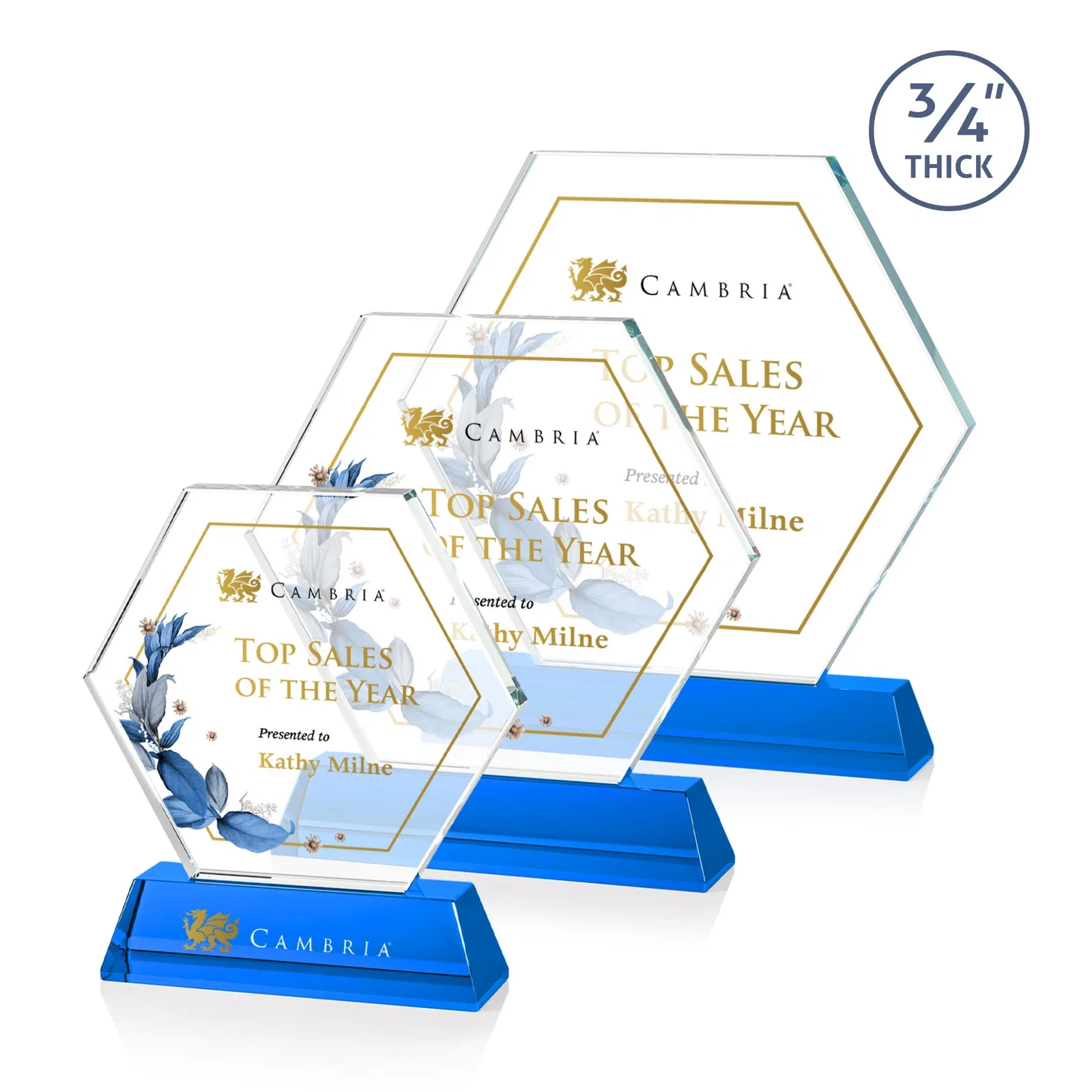 Custom printed Optical Crystal Hexagon Award on Tall Tapered Base, awards for dealer and partner awards