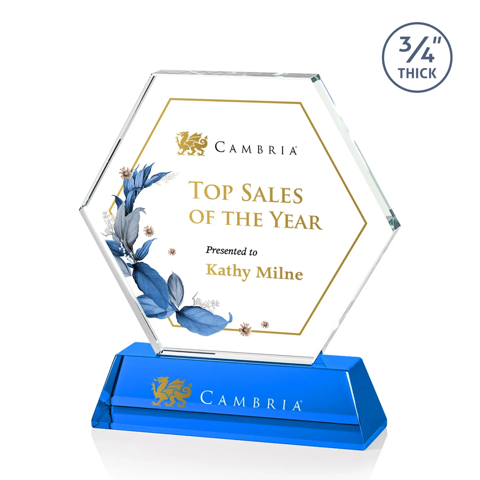 Custom printed Optical Crystal Hexagon Award on Tall Tapered Base, awards for company anniversary events