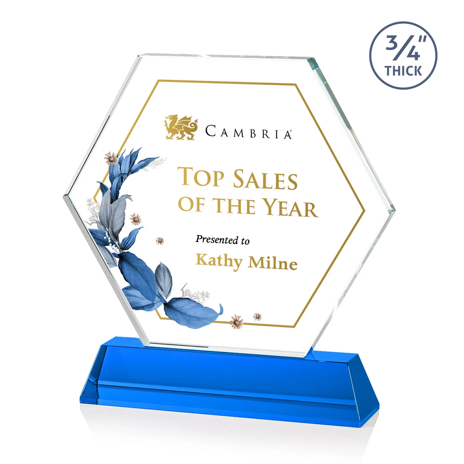 Customized Optical Crystal Hexagon Award on Tall Tapered Base, awards for employee recognition