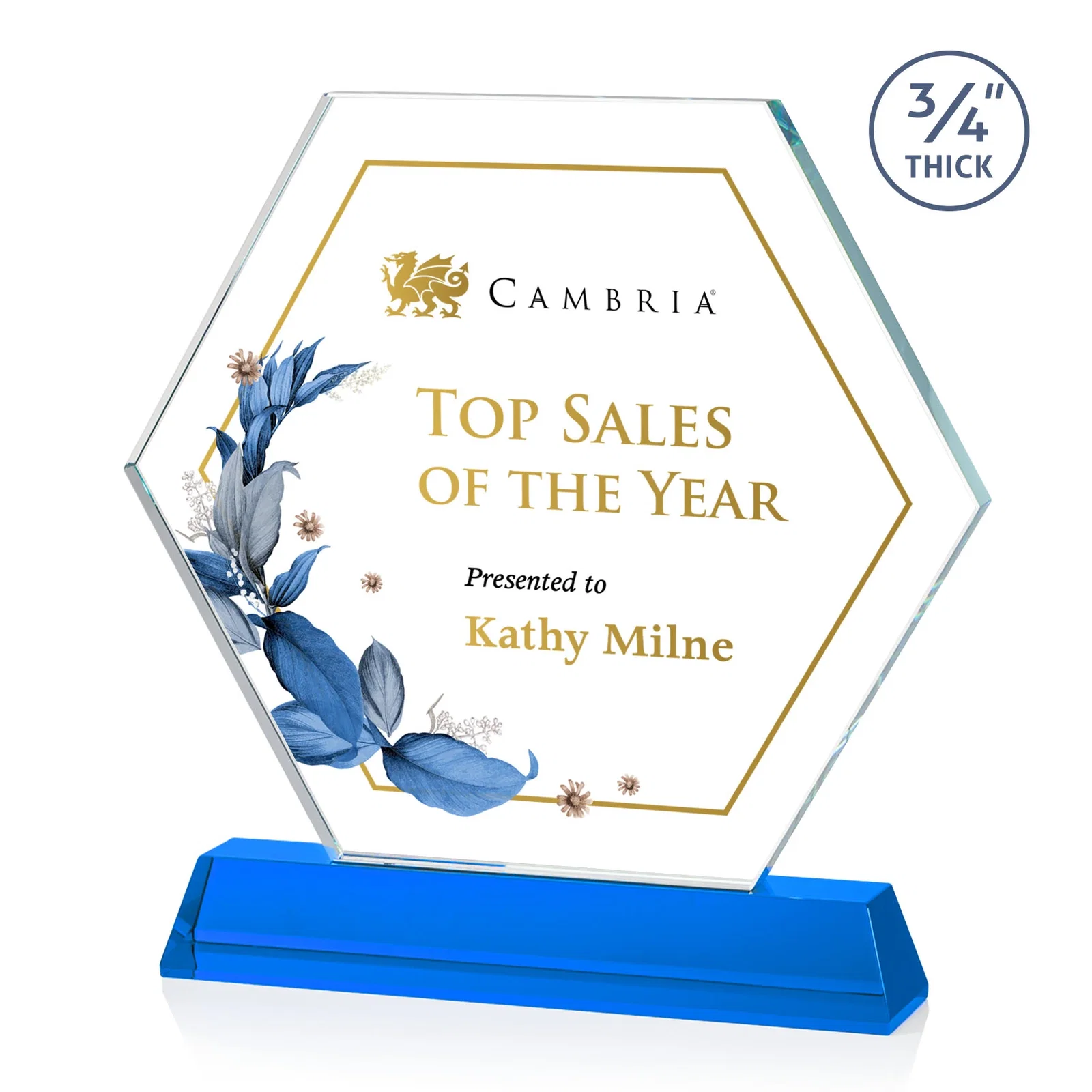 Customized Optical Crystal Hexagon Award on Tall Tapered Base, awards for corporate award ceremonies