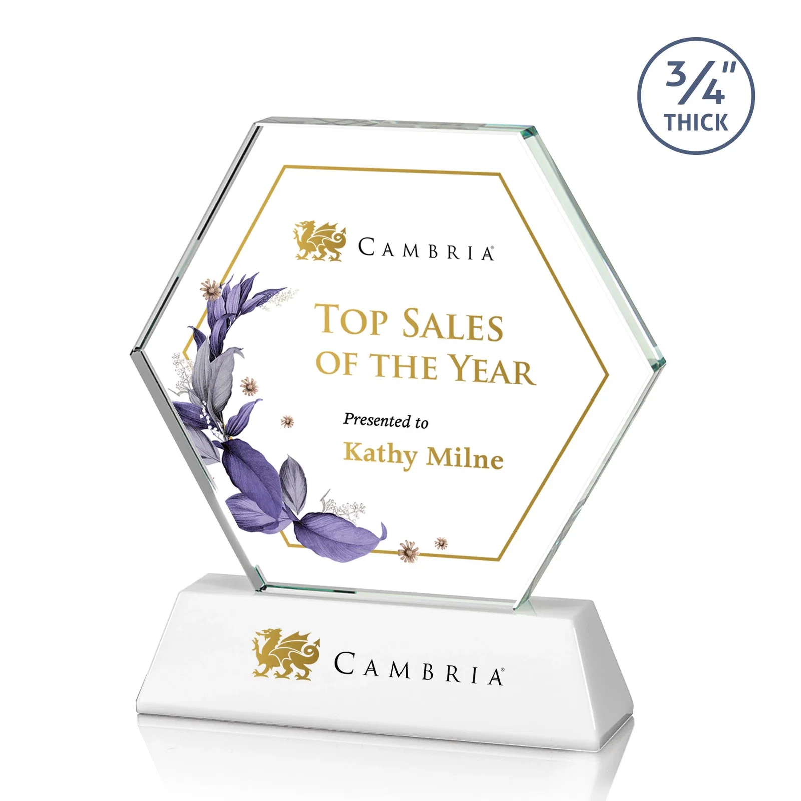 Customized Optical Crystal Hexagon Award on Tall Tapered Base, awards for sales achievement awards